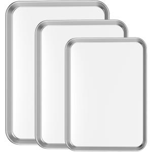 Cookie Sheet Baking Sheet Set of 3, Bastwe Commercial Grade Stainless Steel Baking Pan, Professional Bakeware Oven Tray, Healthy & Non-toxic, Rust Free & Mirror Finish, Easy Clean & Dishwasher Safe