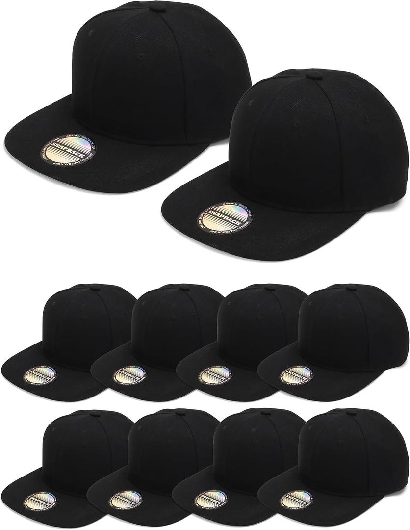 10 Pack Blank Snapback Hats for Men Flat Brim Hats Baseball Caps Bulk (Black), One Size