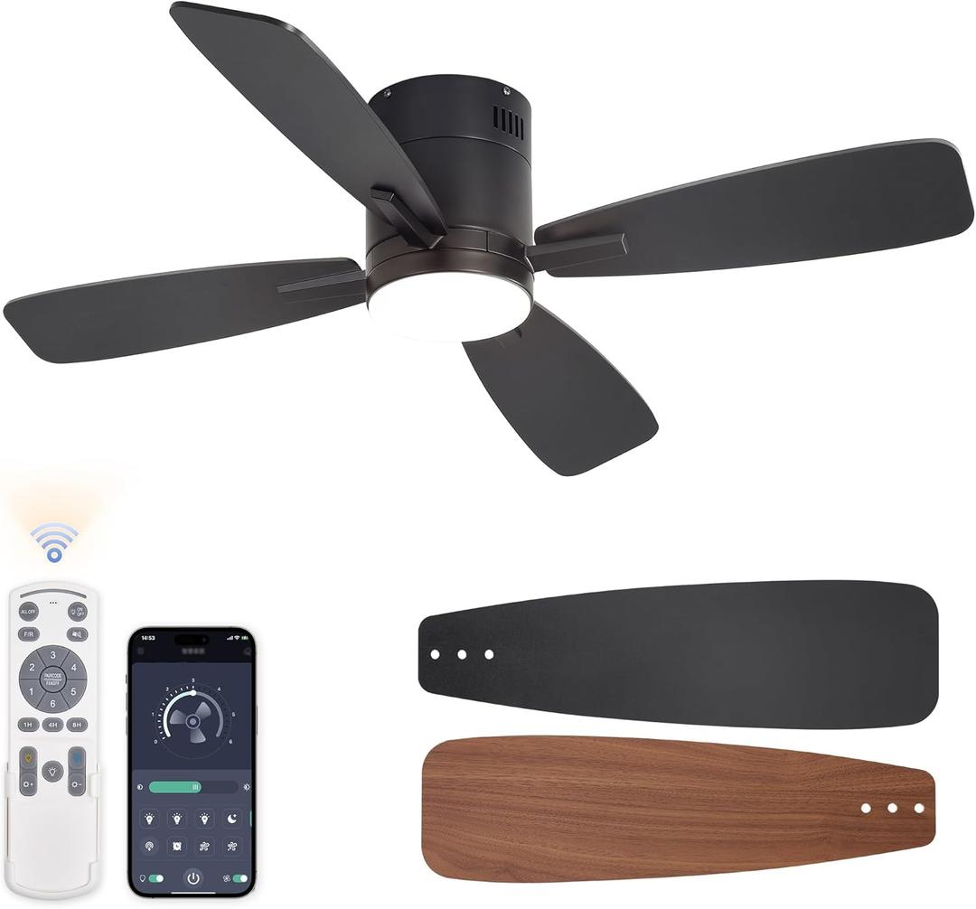 LEDIARY 46 inch Ceiling Fans with Lights and Remote Control,Flush Mount Ceiling Fan with Quiet Reversible DC Motor,Black Modern Low Profile Ceiling Fan with Light for Bedroom Living Room Patio