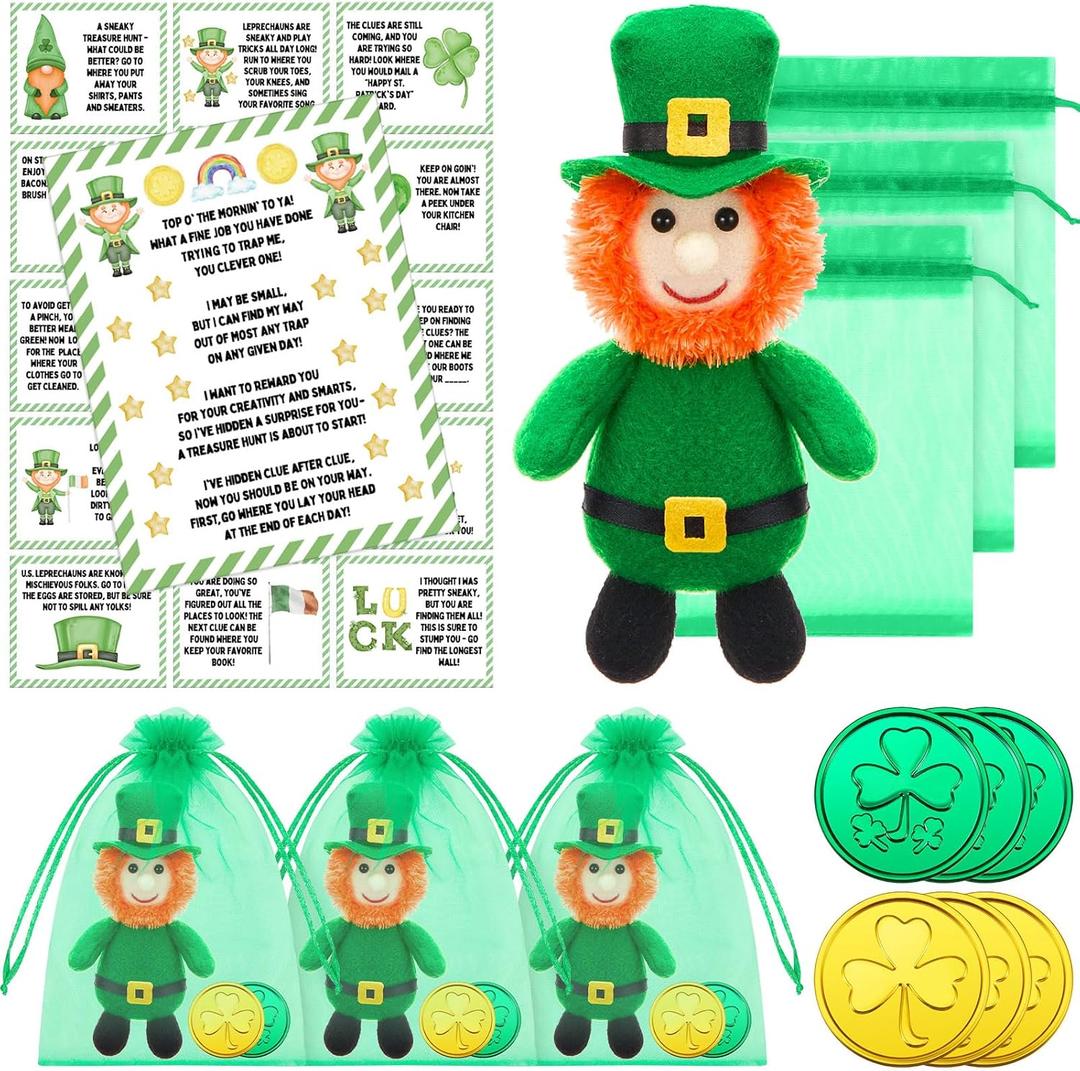 Shappy 12 Set Leprechaun Plush Boy Girl Toy St. Patrick's Day Plush Toy Doll with Shamrock Coins and Leprechaun Scavenger Hunt Letter St Patrick's Day Decorations Irish Stuffed Decor (Boy)