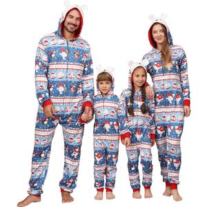 Christmas Onesie Pajamas Family Vacation Novelty One-piece Hooded Matching PJs Allover Pattern Sleepwear Nightwear (X-Large, Blue Bear Penguin)