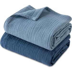 GLLQUEN BABY Muslin Swaddle Blankets, 2-Pack Neutral Receiving Blanket Swaddling for Newborn Boys and Girls, Breathable Swaddle Wrap for Infant, Baby Essentials, Registry & Gift, 40 x 38 inches (Light Blue & Dark Blue)