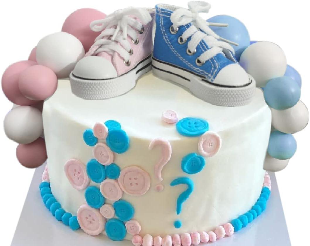 19PCS Blue or Pink Shoes Cake Toppers Boy or Girl Shoes Balls Cake Decorations with Cute Shoes Blue Pink White Balls for Baby Shower Party (Blue Pink)