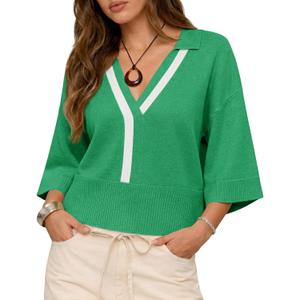 Saodimallsu Womens Short Sleeve Sweater Tops V Neck Collared Oversized Color Block Casual Summer Knit Polo Shirts (L)