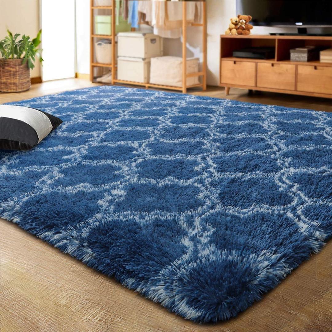 LOCHAS Luxury Shag Area Rug 4x6 Feet Geometric Plush Fluffy Rugs, Extra Soft Carpet Runner Rugs for Bedroom Living Room Dorm Kids, High Pile Shaggy Floor Rug Decor, Light Navy/White