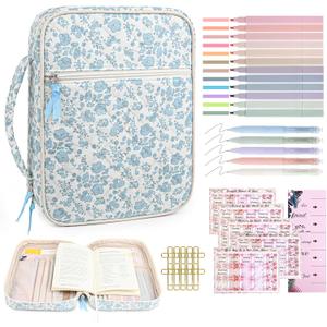 Aileam Bible Cover Case for Women: Bible Study Supplies Kit with Bible Highlighters, Christian Gifts for Women - Blue Flower, Cotton, Floral Pattern (Standard Set)