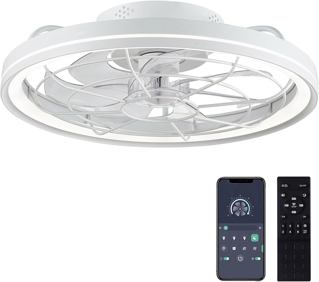 Ceiling Fan with Lights & Remote Control, 20" Low Profile, 6 Wind Speeds, Dimmable Caged Flush Mount, Modern for Kids Room, Bedroom, Kitchen (White)