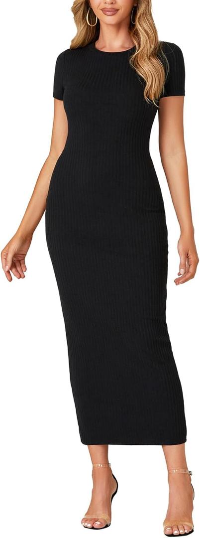 Umenlele Womens Casual Short Sleeve Ribbed Knit Bodycon Fitted Pencil Long Maxi Dress (Large, Black)