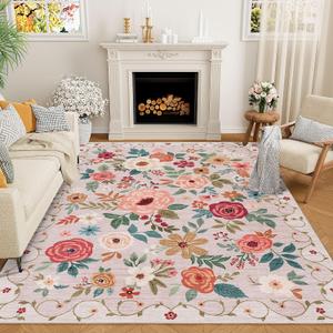 DUKINO 5x7 Area Rug, Floral Rugs for Living Room, Lightweight Non Slip Washable Rug, Indoor Low Pile & Non-Shedding Boho Design Rugs for Bedroom, Living Room, Dining Room, Beige
