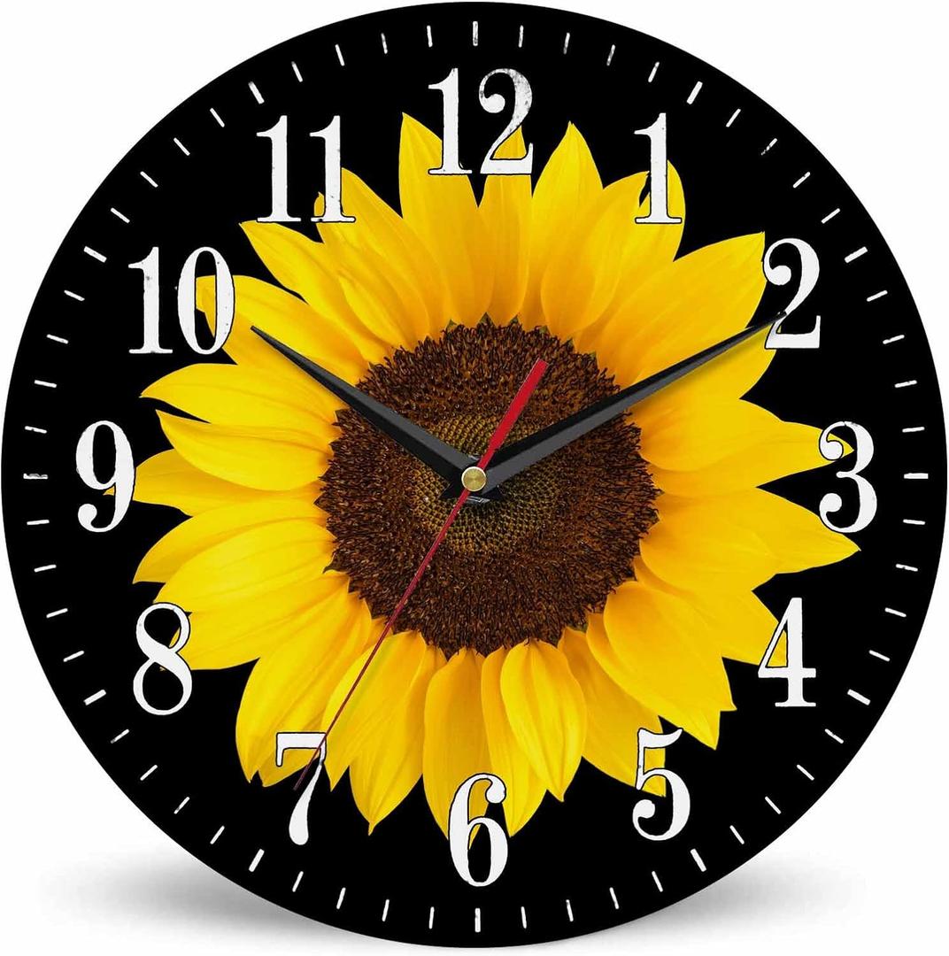 Sunflower Wall Clock Yellow Floral Blooms Nature Botanical Petals 10 Inch Silent Non Ticking Battery Operated Clock Vintage Round Clock for Living Room Bedroom Bathroom Office Decor