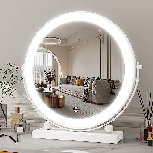 ROLOVE 13 Inch Vanity Mirror with Lights, Round Make Up Mirror with Lighting, LED Mirror Makeup Mirror with Lights for Bedroom Tabletop, Smart Touch Control, 360° Rotation (White)