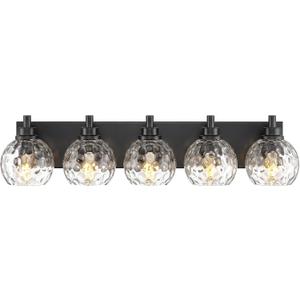 5-Light Black Bathroom Vanity Light, Hammered Glass Globe Shade
32 Inch matte black modern bathroom light fixture over mirror, UL listed, E26 bulbs, hardwired, upward only, VL200-MB-CL-5