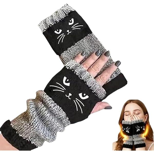 Cat Embroidery Splicing Knitted Gloves, Knitted Embroidery Cute, Warm Gloves Fashion Leaky Finger Casual Women's Glove, Vintage Trendy (Blue)