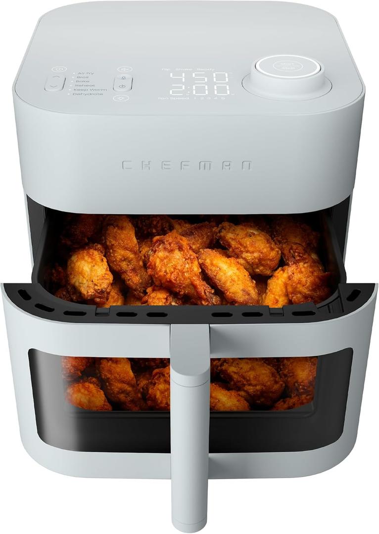 Chefman Crispinator Air Fryer 6-in-1 with 8 Qt capacity, 450F Max Temp with TurboFry Pro Technology for Fast and Even Results, Viewing Window, Nonstick Ceramic Basket (Concrete)