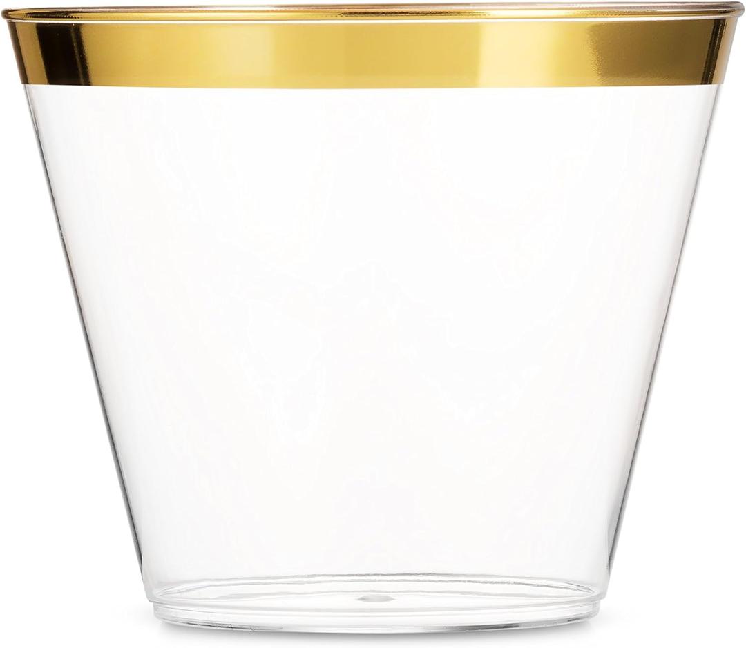 Munfix 100 9 Oz Clear Plastic Cups, Old Fashioned Tumblers, Fancy Disposable Wedding Cups, Elegant Party Cups with Gold Rim