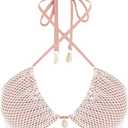 ZAFUL Women's Triangle Bikini Top Multiway Fishnet Tie Back Bandeau Halter String Bikini Swimsuit Bathing Suit (Pink, M)