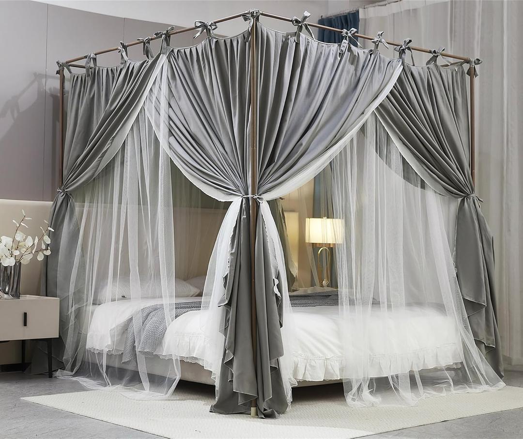 4 Corners Post Princess Curtain Bed Canopy Double Layer Cozy Mosquito Net Mesh and Cloth for Girls Adults Bedroom Decoration (Double-Grey/White, 53" W*78" L*82"*H/(Full))