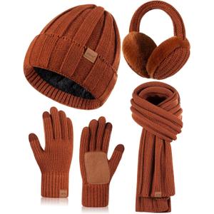 Winter Hat Gloves Scarf Earmuffs Set for Women, Fleece Lined Beanie Long Scarf Touchscreen Gloves Ear Warmer, 4 in 1 Gift Set (Dark Orange)