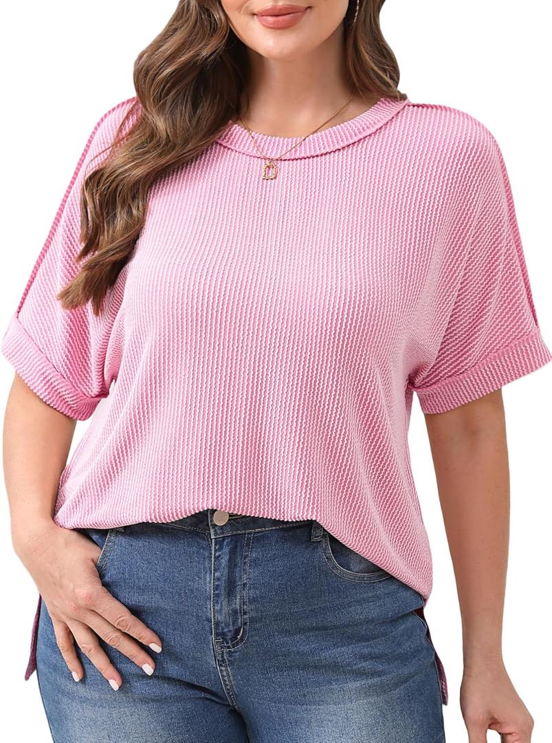 Plus Size Tops for Women Short Sleeve Shirts (4XL, B Pink)