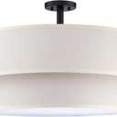5 Light Semi Flush Mount,Close to Ceiling Light Fixture with Linen Fabric Shade Black Finish 24 inch Semi Flush Drum Light for Bedroom,Living Room,Dining Room Hallway