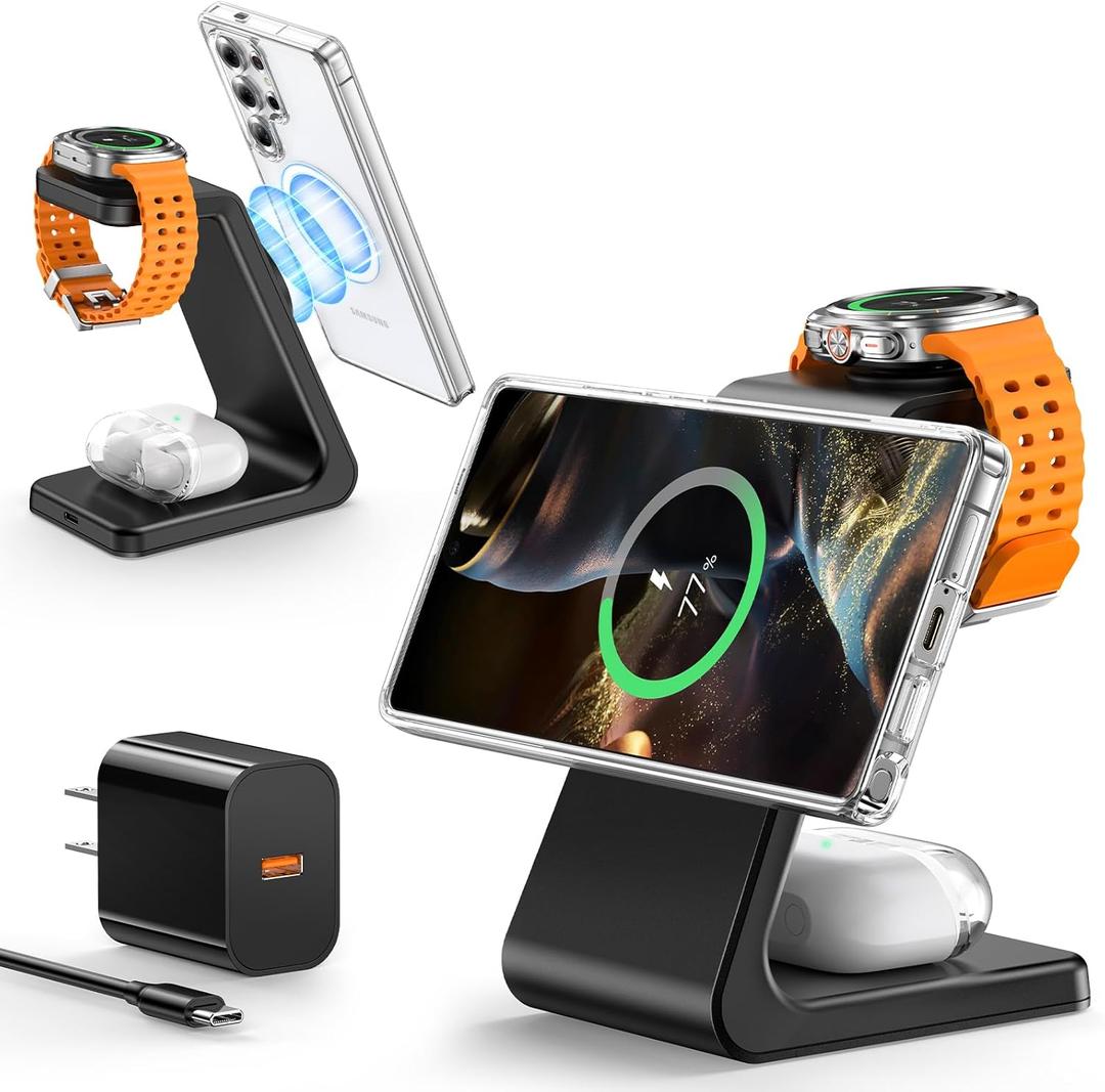 Magnetic Wireless Charger for Samsung, 3 in 1 Mag-Safe Samsung Charging Station for Samsung S24 Ultra Plus S24 S23 S22/Z Fold Flip 6/5/4/3, Galaxy Watch Charger for Galaxy Ultra/6/5/4, Galaxy Buds Pro, Connector type USB Type A, USB Type C
