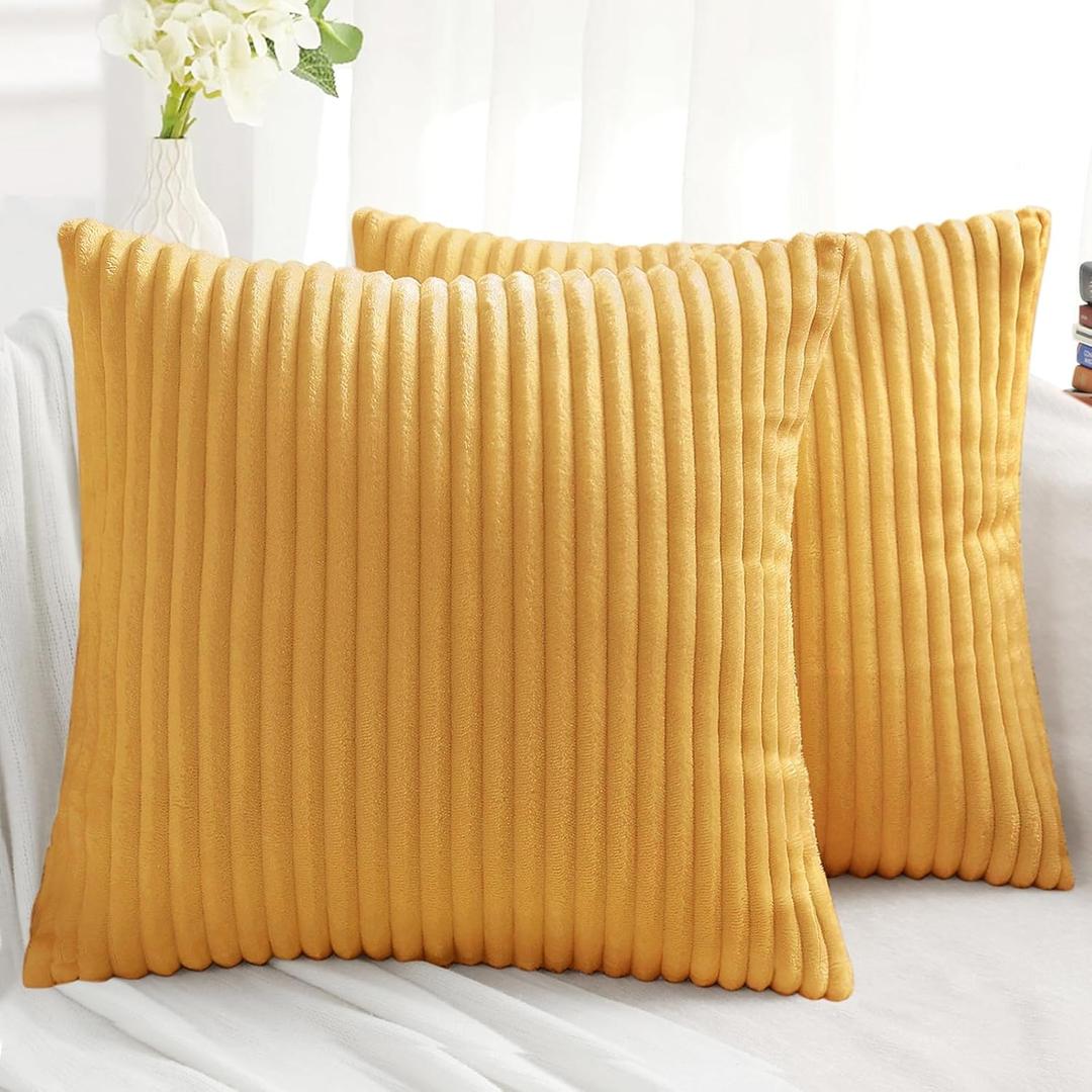 Simmore Decorative Throw Pillow Covers 18x18 Set of 2, Soft Natural Plush Flannel Double-Sided Fluffy Couch Pillow Covers for Sofa Living Room, Mustard Yellow