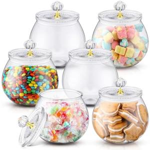 Nuogo 6 Pcs Plastic Candy and Cookie Jar with Lids Decorative Apothecary Jars Candy Buffet Containers Clear Airtight Food Storage Canister Home Decoration(30 oz,Stylish)