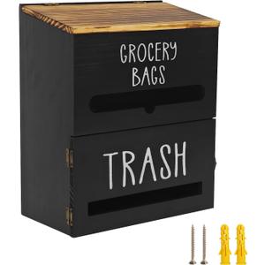 2 in 1 Trash Bag Dispenser, Double Wall Mounted,Wood Trash Bag Holder, used in kitchen, garage, laundry room, can store Environmentally friendly food bags and garbage bags (Black)