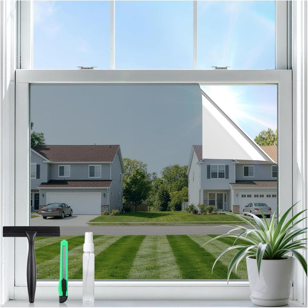 rabbitgoo One Way Privacy Window Film Window Tint for Home with Tools, UV Blocking Heat Control Static Cling No Glue, Daytime Privacy See Out Not in, 35.4 in X 6.5 Feet, Silver