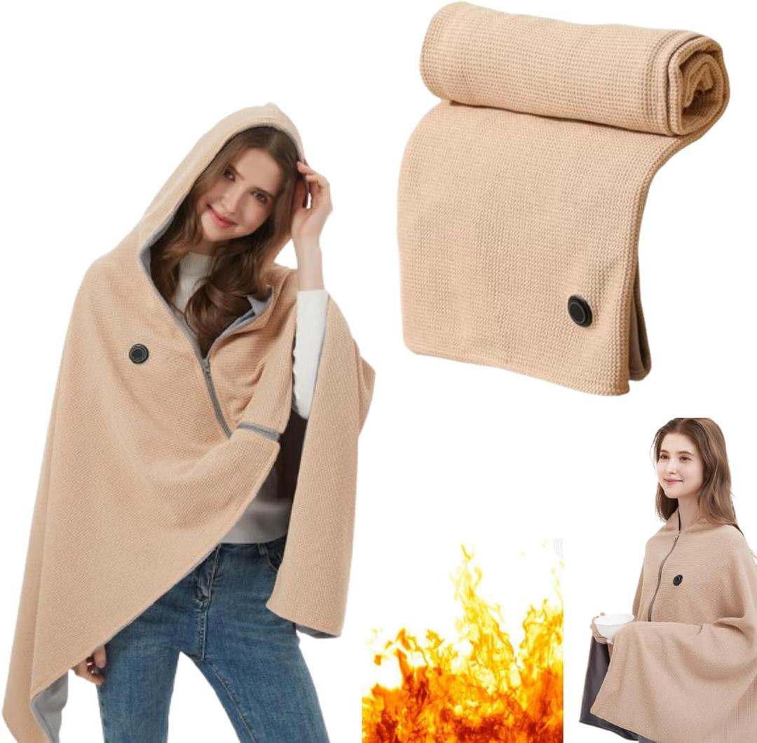 Heated Shawl Wrap for Women, Portable Electric Heated Shawl, Fast Heating USB Blanket Shawl with 3 Heating Levels, Soft Zipper Hooded Blanket Shawls for Indoor, Outdoor, Gifts