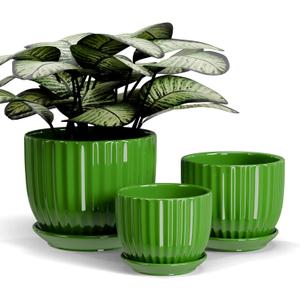 Ton Sin Ceramic Plant Pots,4"+5"+6" Inch,Green Flower Pots with Drainage Holes and Tray,Indoor Planters for Plants Pots,Home Office Decoration GIF for Plants,Succulent Pot Set of 3