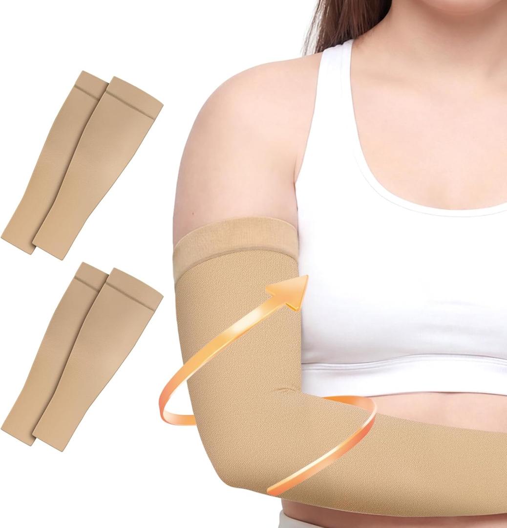 2 Pairs Compression Lymphedema Arm Sleeves for Women, 20-30 mmHg Graduated Compression Full Arm Support, Medical Arm Brace for Swelling, Edema, Circulation (XL)