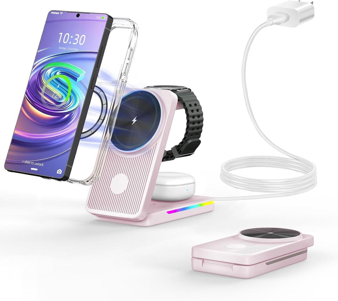 3 in 1 Magnetic Wireless Charger for Samsung, Foldable MagSafe Wireless Charging Station for Samsung Galaxy S25Ultra/S24/S23 Ultra/S22, Watch Charger for Galaxy Watch 8/Ultra/7/6/5/4/Buds (Pink)