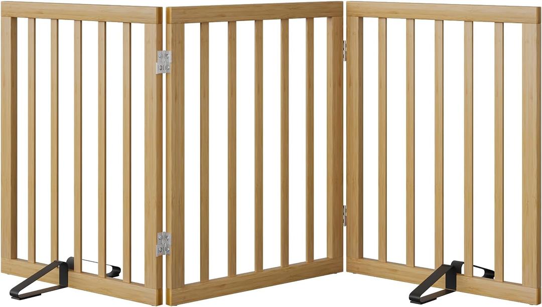 Dog Gates for Doorways Stairs, Foldable Freestanding Pet Gate, Dog Fences Indoor, Bamboo Dog Gates (Natural, 18-55" Wide) (3 Panel - 55 inches Wide)