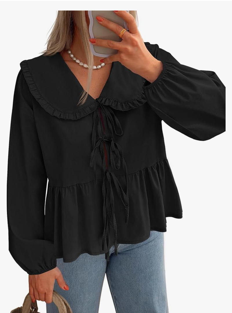 ZESICA Women's Tie Front Peplum Tops Long Puff Sleeve Lapel Collar Cute Babydoll Blouses Shirts, Size:XL
