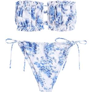 ZAFUL Women 2 Piece Strapless Bikini Swimsuits Ruffle Ribbed Self Tie Bandeau Bikini Set High Cut String Bathing Suits (Medium, 2-blue Floral)