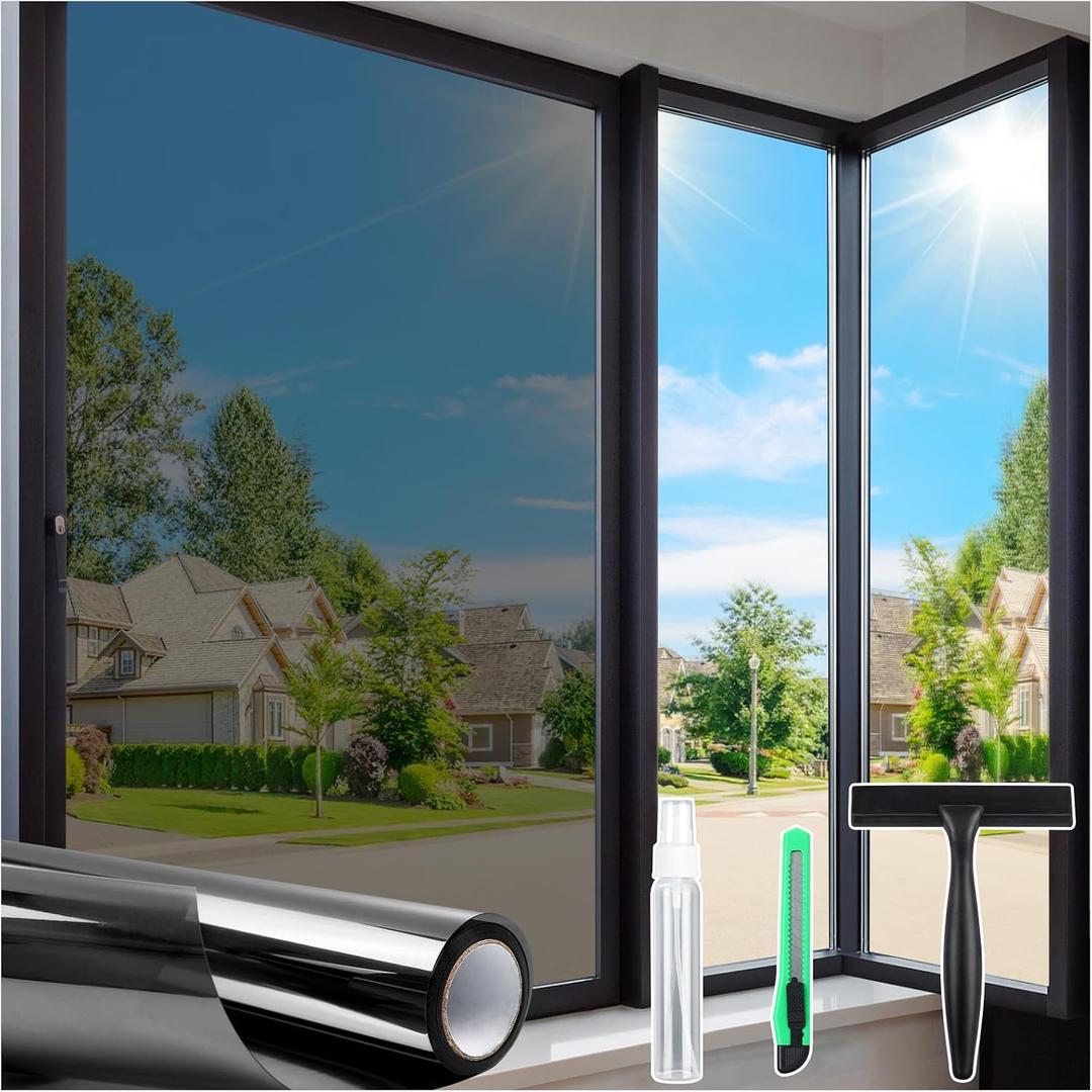 Homein One Way Privacy Window Film with Tool Window Tint for Home Heat Control Sun Blocking Anti UV Mirror Reflective Covering See Out Not in Static Cling No Glue Black-Sliver 23.6" x 78.7"