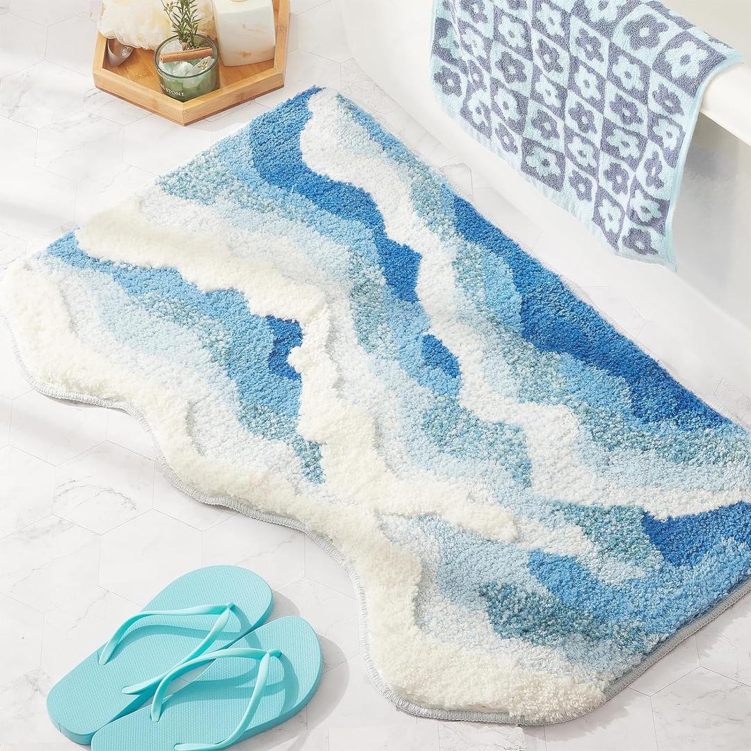 Blue Ocean Wave Bath Mat, Cute Funky Bathroom Rugs for Coastal Beach Nautical Themed Decor, Non-Slip Washable Accent Rug for Bedroom Kitchen, Trendy Tufted Shower Mats 31"x 21"