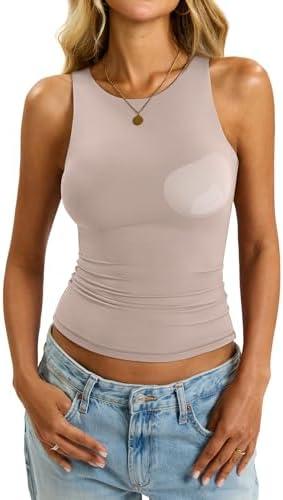 EasyGala Womens Padded Tank Tops Built in Bra Double Lined High Neck Shirts Basic Slim Fitted Summer Going Out Top, XL