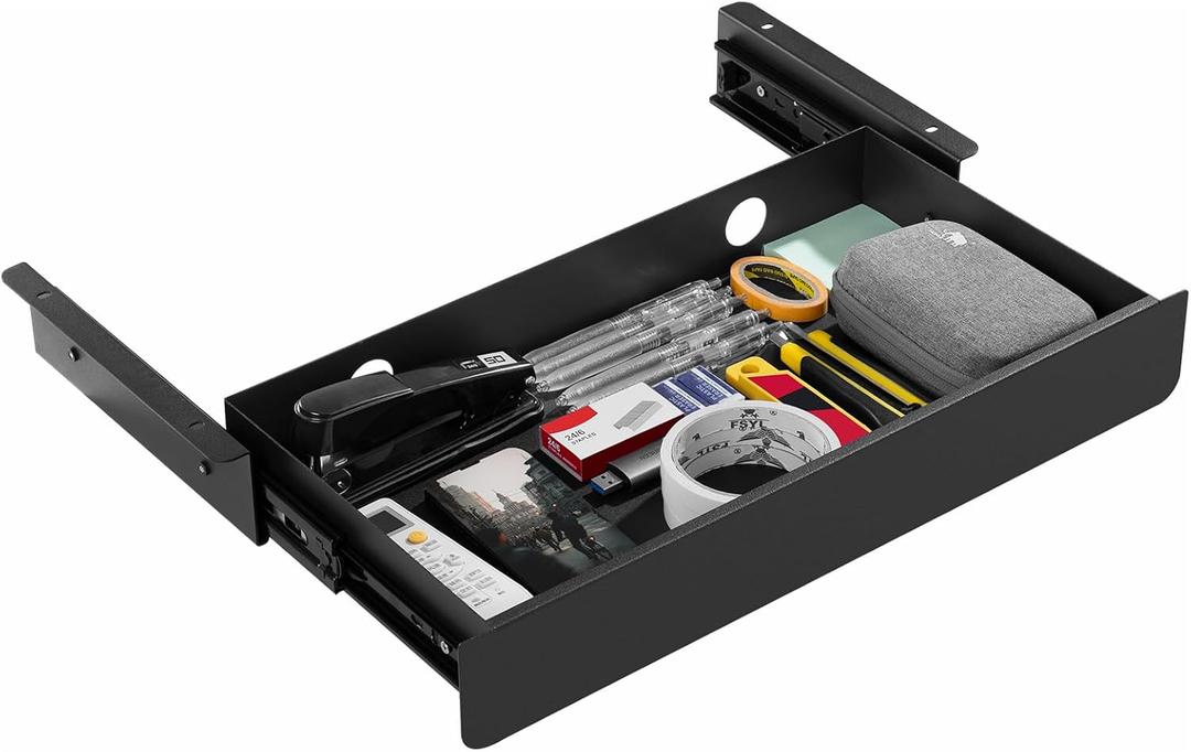 KHAMAL Under Desk Drawer Slide Out Large - Under Table Drawer 17.32" x 9.25", Pull-Out Storage Organizer With Cable Management For Home & Office (Black)
