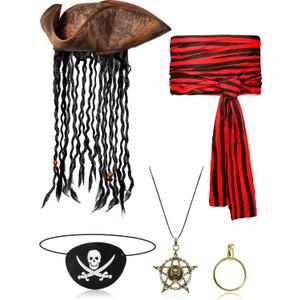 5 Pieces Halloween Pirate Costume Set, Pirate Hat with Dreadlocks Earrings Skull Necklace Eye Patch Large Sash for Men Women (Red and Black)