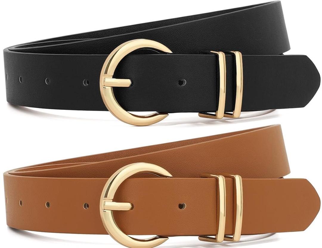 XZQTIVE 2 Pack Women Belts For Jeans Dresses Pants Ladies Leather Waist Belt with Gold Buckle (Fit Pant 48-52in, Round Buckle Black+brown+beige) XZQTIVE 2 Pack Women Belts For Jeans Dresses Pants Ladies Leather Waist Belt with Gold Buckle (Fit Pant 48-52in, Round Buckle Black+brown+beige)