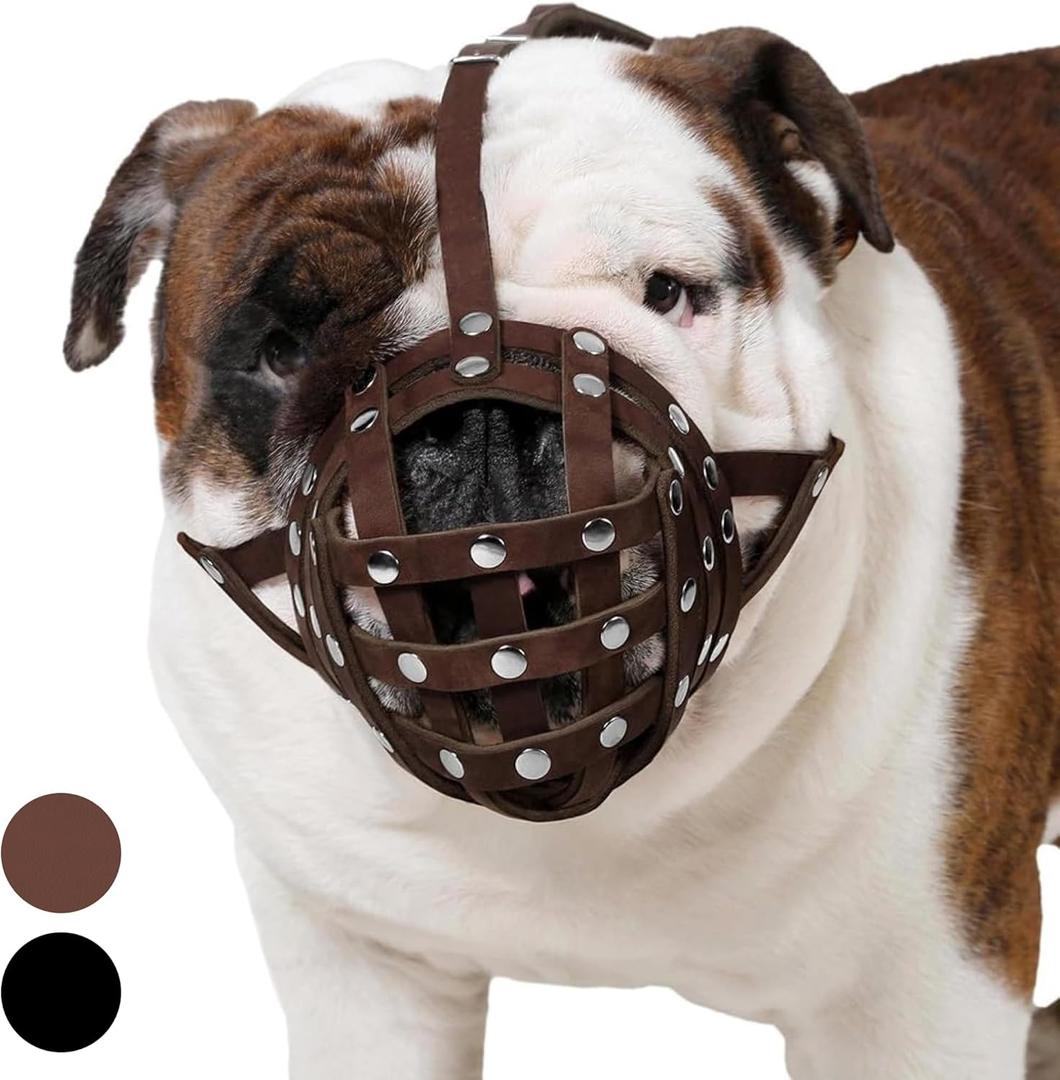 CollarDirect Leather Basket Dog Muzzle for Boxer, English American Bulldog Secure Anti-Barking Biting Chewing Adjustable Breathable (Brown)