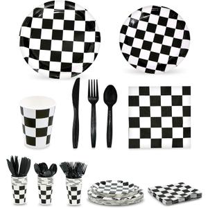 Checkered Party Supplies Set Servers 24 - Checkered Flag Plates, Cups, Napkins, Cutlery - For Race Car Birthday Party Supplies Table Ware Decorations by 4E's Novelty