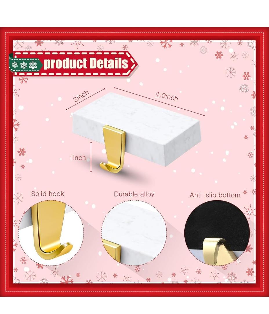 Zhengmy 4 Pcs Christmas Stocking Holders for Mantel Metal Hanging Hooks Stocking Hangers for Fireplace Xmas Party Decoration(Marble Color)