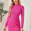 CCTOO Womens Sexy Ruched Bodycon Dress 3D Flower Long Sleeve Half-high Collar Club Party Mini Fitted Dress (XL)