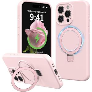 Compatible with iPhone 15 Pro Max Case Stand, Slim Full Camera Protection Liquid Silicone Phone Case Suitable for iPhone 15 Pro Max Compatible with MagSafe Ring Magnetic Kickstand, Pink