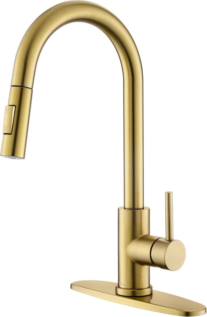 Tohlar Gold Kitchen Faucet with Pull Down Sprayer, Gold Kitchen Sink Faucet for 1 or 3 Hole, Modern Stainless Steel Sink Faucet with Deck Plate for Farmhouse Laundry Rv, Brushed Gold