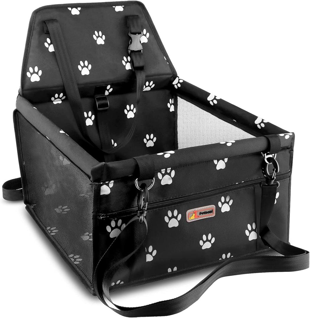 Petbobi Pet Reinforce Car Booster Seat for Dog Cat Portable and Breathable Bag with Seat Belt Dog Carrier Safety Stable for Travel Look Out,with Clip on Leash with PVC Tube (Foot) (Black Foot Print)