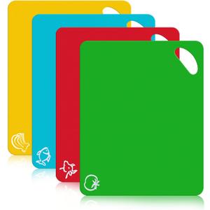 Kitchen Plastic Cutting Board Set - Extra Thick Flexible Cutting Mat for Cooking, Non-Slip Chopping Board with Colored Food Icons & Easy-Grip Handles, Dishwasher Safe, Set of 4